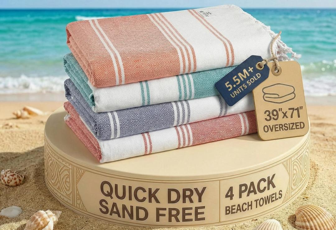 4 x LANE LINEN 4 Pack Beach Towels – Oversized, Pre-Washed, Quick Dry, Sandproof, Lightweight & Absorbent Travel Towels – Extra Large Pool/Bath Towel – Multi