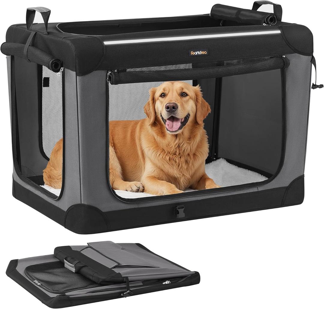 Feandrea Collapsible Dog Crate, 36-Inch Portable Dog Travel Crate for Large Dogs, Oxford Fabric Pet Carrier with 4 Mesh Doors, Handles, Storage Pocket, Water Bottle Holder, Ink Black UPDC019B01 (L36"L x 25"W x 25"H)