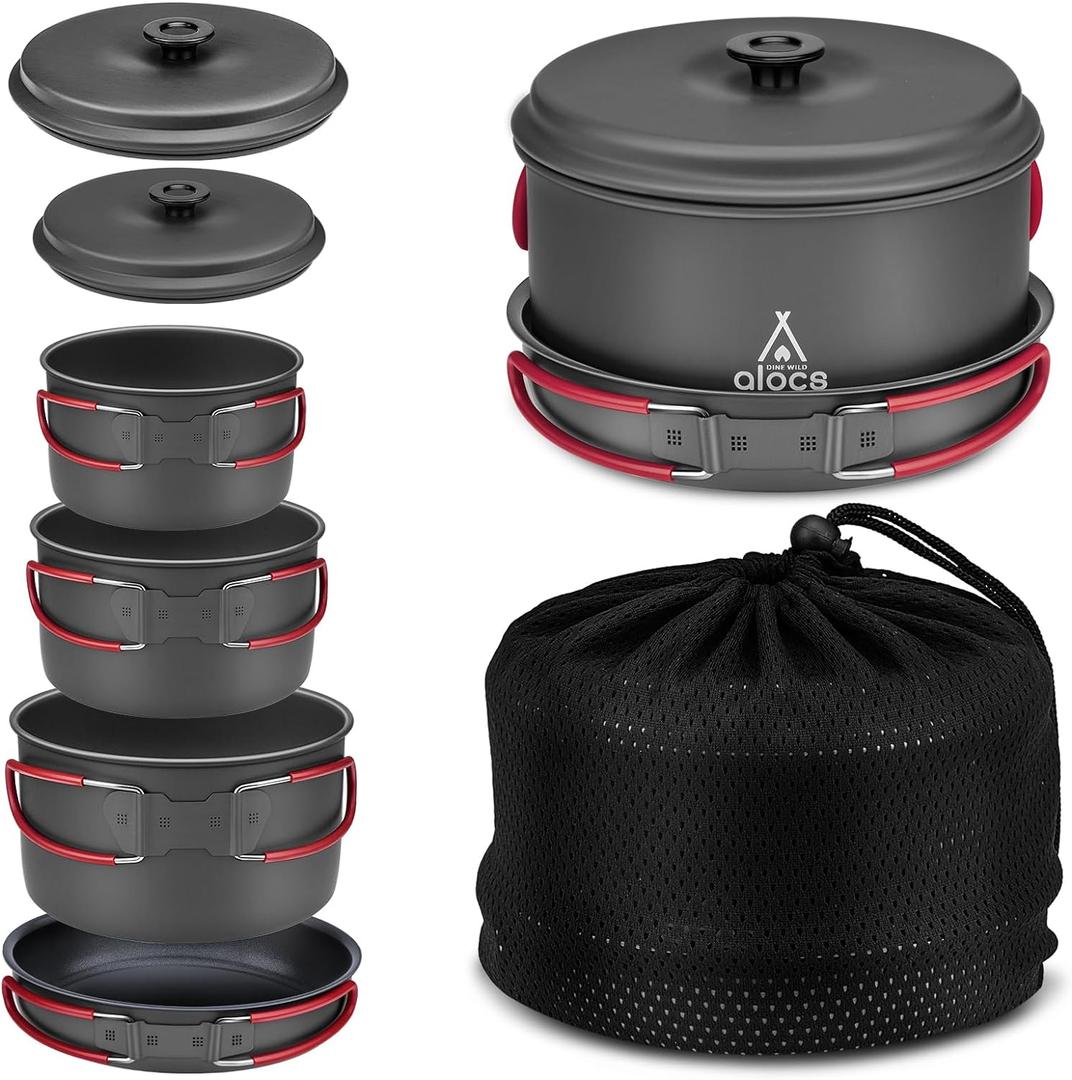 Alocs Camping Cookware Set Camping Gear, Compact Camping Pots and Pans Set, Durable Hard Alumina Camping Cooking Set for Outdoor Backpacking Camping Hiking Picnic, Included Mesh Carry Bag. (2.2L+1.2L+1L pot+7.5"pan)