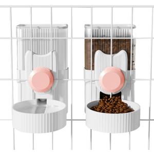 Hanging Cage Automatic Small Pet Food Bowl Water Bottle Dispenser, 1L Auto Gravity Pet Feeder and Waterer Set Kennel Feeding Station Crate Feeder Dish for Rabbit Puppy Cats Ferret (Pink)
