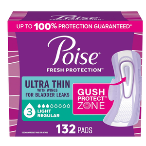 Poise Ultra Thin Incontinence & Postpartum Pads with Wings for Bladder Leaks, 3 Drop Light Absorbency, Regular Length, 132 Count, 