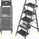 4 Step Foldable Step Ladder with Mutifunctional Tool Tray, Platform Ladders Stepstools, Step Stool 4 Step Folding with Non-Slip Pedals, 800lbs Bearing Capacity for Adults, Home, Kitchen, Black Yellow