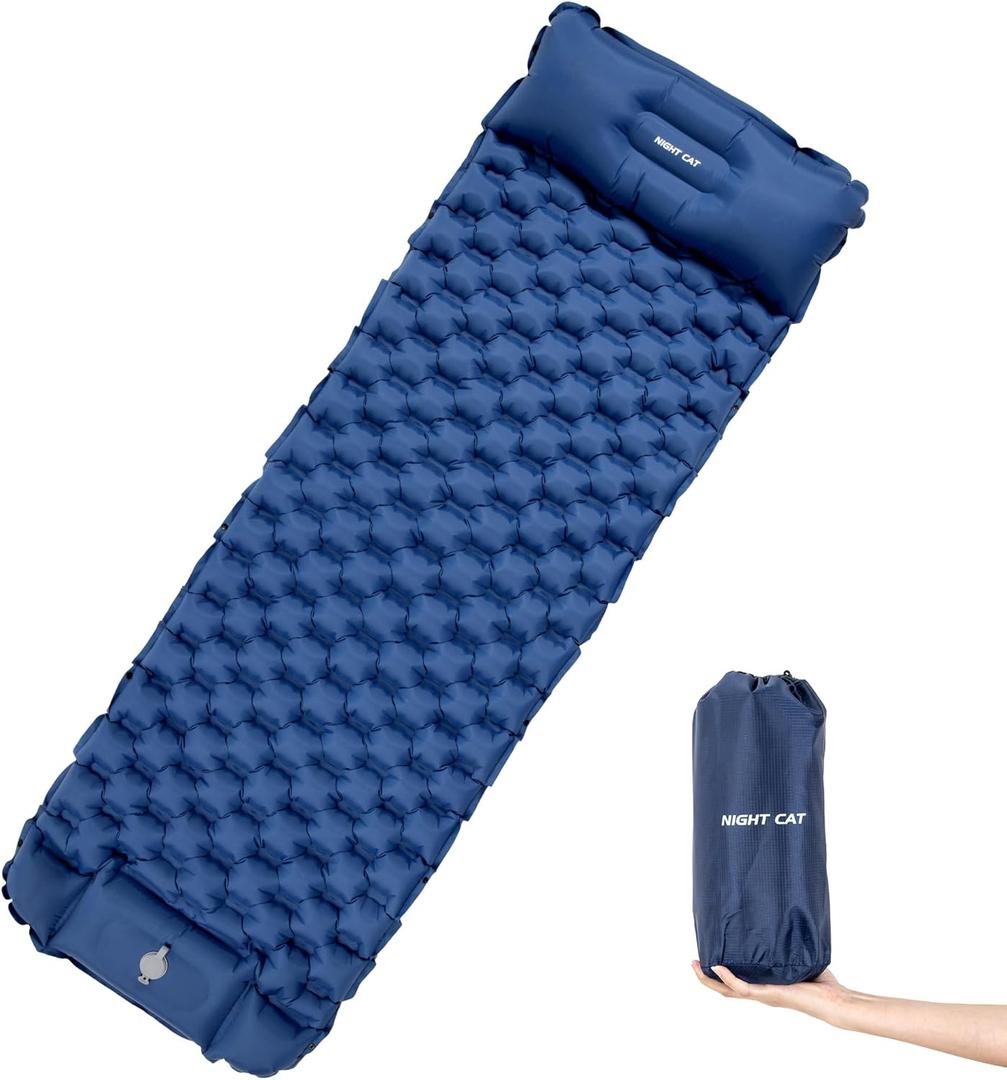 Night Cat Inflatable Sleeping Pads Mat Bed with Pillow Foot Pump for Camping Backpacking Hiking Ultra-Light Compact Comfortable Extendable 77"x25.5" (Blue)