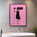 Framed Pink Bathroom Wall Art, Modern Minimalist Black Girl Cartoon Canvas Print, Quirky Pink and Black Woman Picture with Hair Dryer, Bathroom Decor Wall Art for Restroom Washroom Home, 12x16 Inch