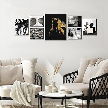 Living Room Black and White Abstract Wall Art Framed Set of 7 Horse Pictures Print   , Wall Frames Set of 7