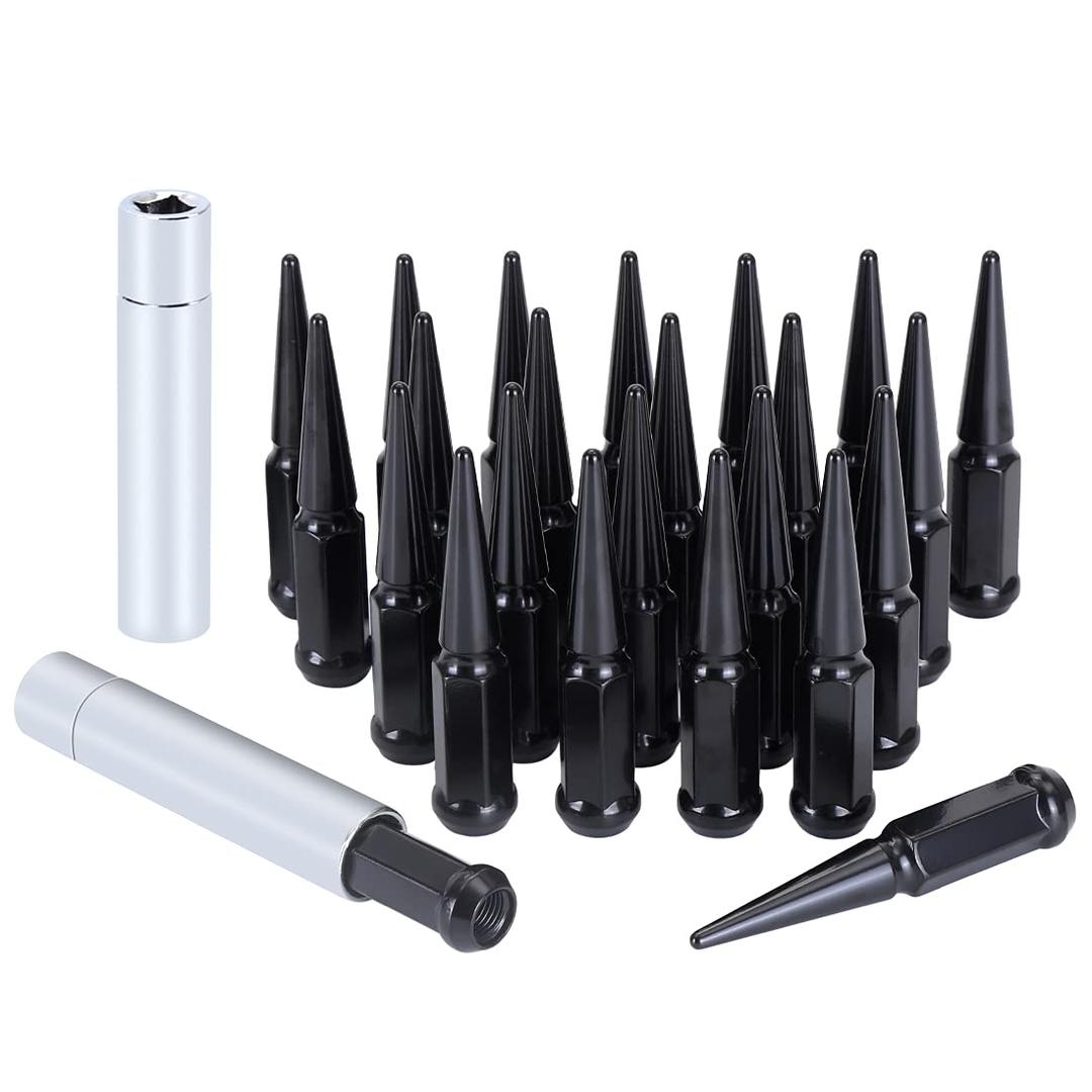 M14x1.5 Spike Lug Nuts - Black Set of 24 with 2 Socket Keys (19mm Hex, 4.4" Tall)
