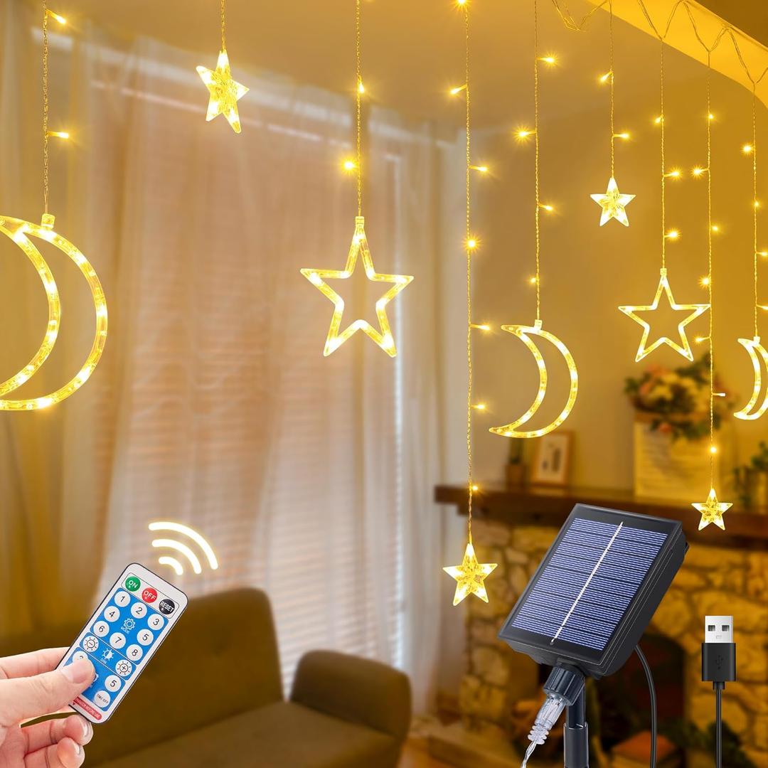 Ramadan Solar Icicle Lights,10.8ft 138 LED Outdoor Waterproof Moons Stars Curtain Window String with 8 Modes Timer Remote,USB Rechargeable Connectable Warm White Hanging Decor for Patio