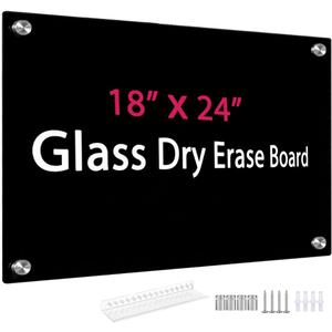 Black Glass Dry Erase Whiteboard, 18" x 24" Frameless Glass White Board for Home, School, Office, Black Surface