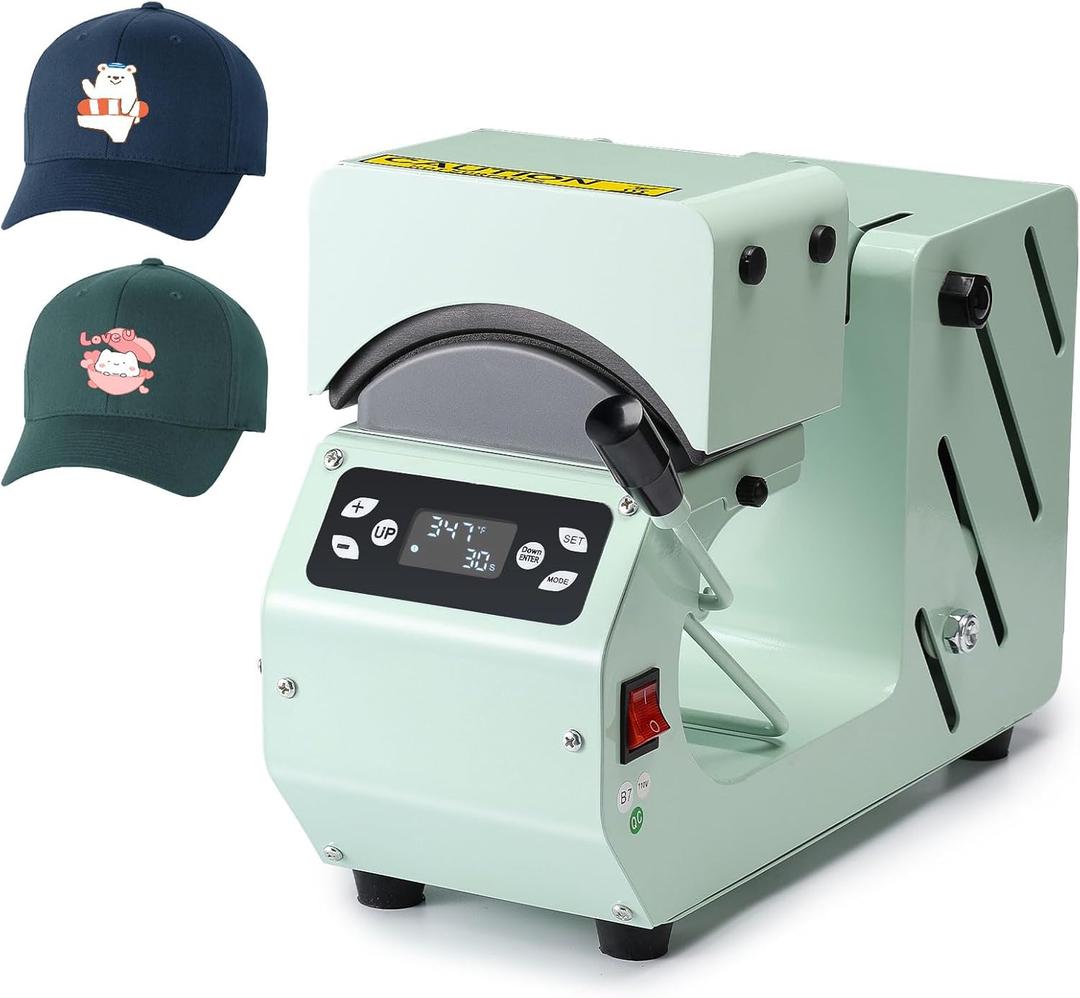 OFFNOVA Hat Heat Press Machine for Caps with 2 Interchangeable Platens, Temp & Time Control with Auto Countdown, Efficient Heat Transfer for HTV Iron On and Sublimation Projects (Auto-Green)