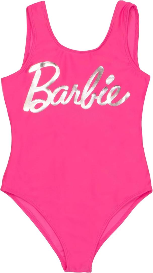 Barbie Girls One Piece Swimsuit, Cross-Back Bathing Suit Logo, Quick-Drying Kids Swimwear for The Beach or Pool (Pink, Size 7/ 8)