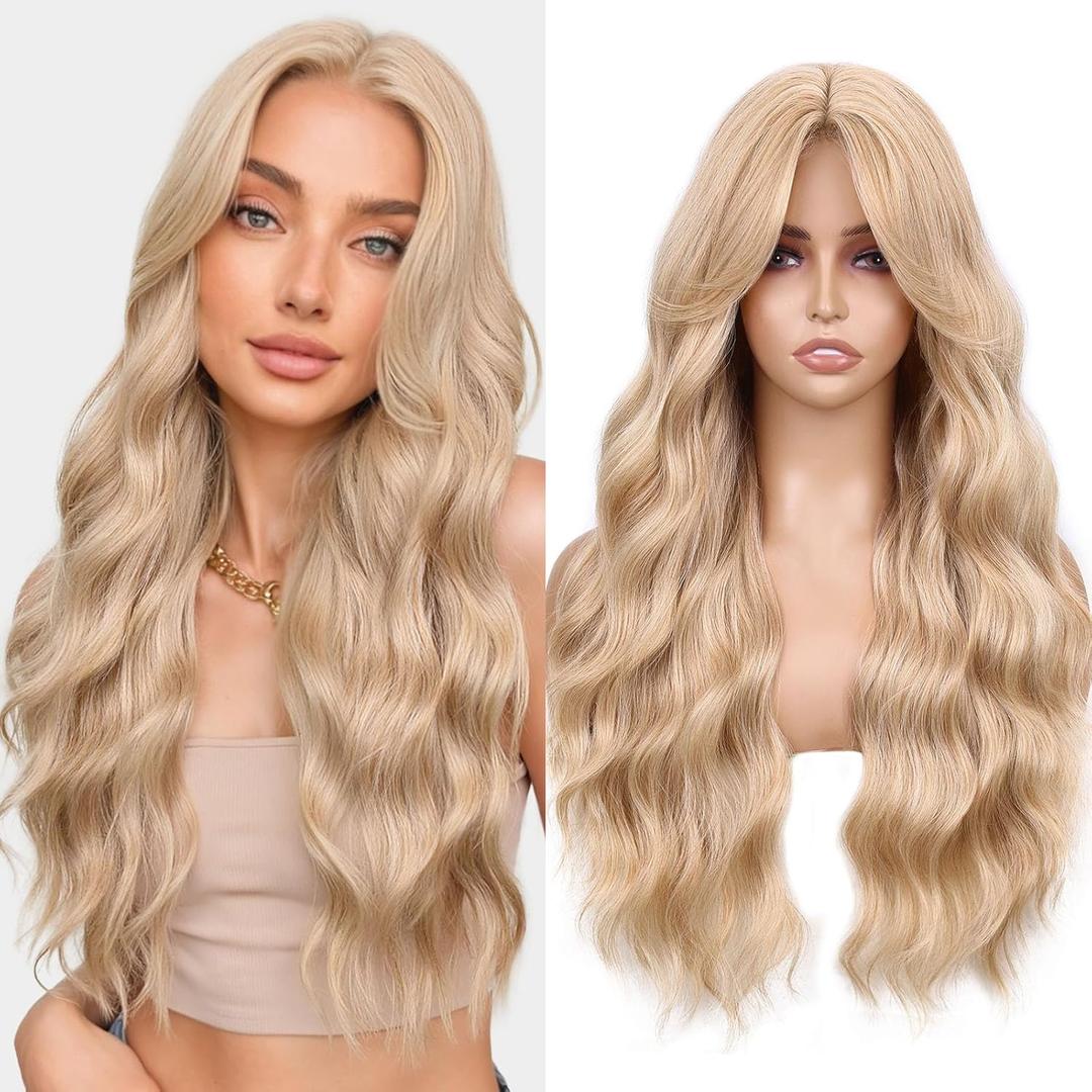 WIGNEE 26 Inch Long Curly Wavy Wig for White Women Synthetic Middle Part Honey Blonde Hair Wig Glueless with Bangs Natural Hairline Looking Wear and Go for Daily/Cosplay/Halloween