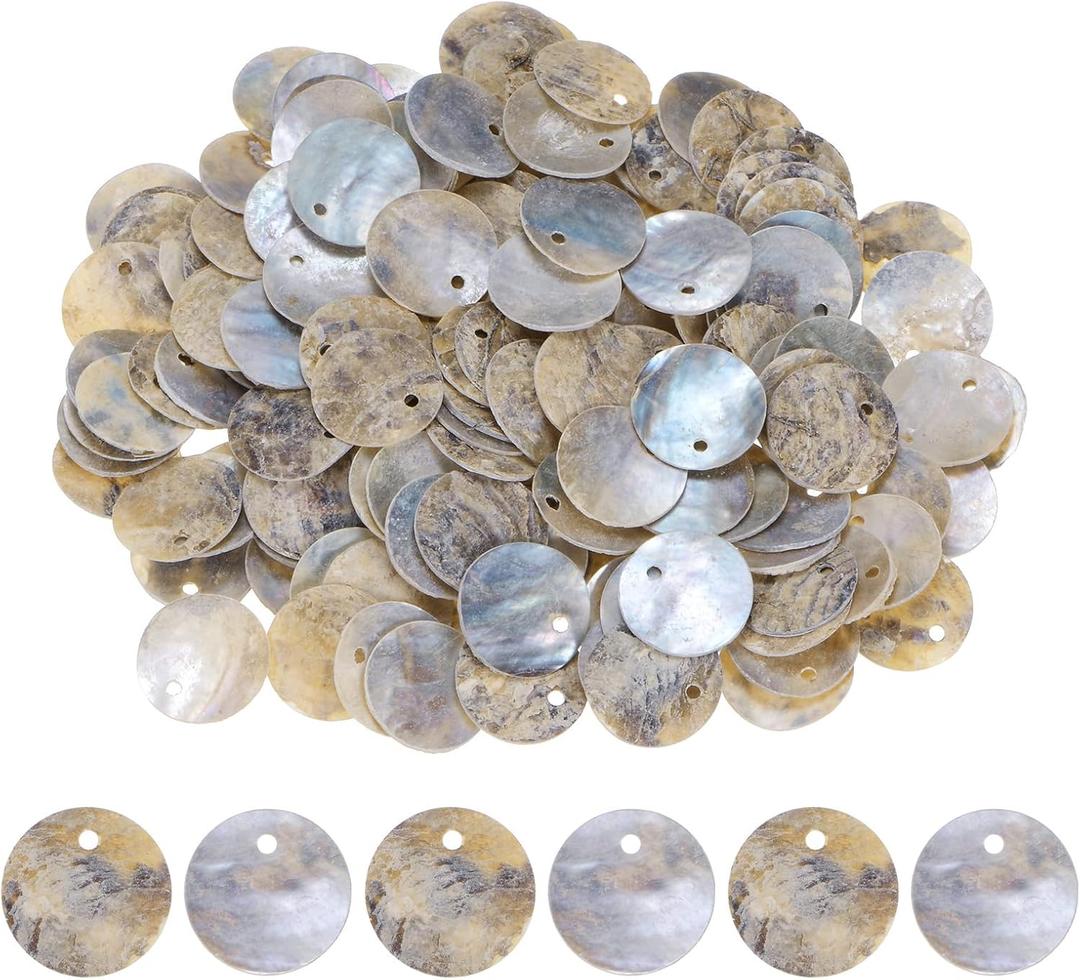 150-Pack Flat Round Shell Coin Drop Charm Beads,15 mm Flat Shell Beads with Hole for DIY Earrings Necklaces Jewelry/Making Accessories [Natural Color]
