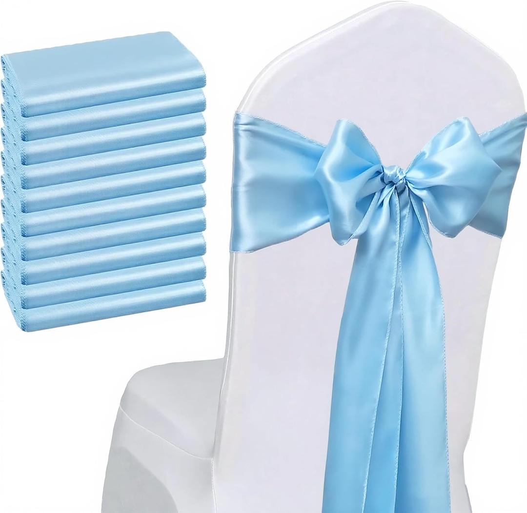 Satin Baby Blue Chair Sashes Bows 50 Pack - 7x108 Inches Light Blue Chair Sashes Ties Ribbons for Wedding Party Birthday Baby Shower Decor