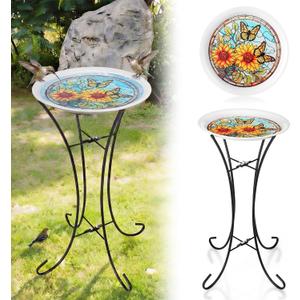 LEIFIDE 23 inch Metal Bird Bath for Outside Birdbath Bowl Topper with Foldable Pedestal Metal Stand Sunflower Butterfly Pattern Bowl Freestanding Birdbaths Birdfeeder for Outdoor Patio Yard Lawn Decor