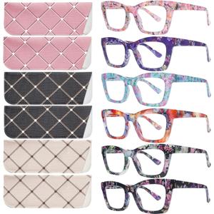 SIGVAN 6 Pack Reading Glasses Blue Light Blocking Square Computer Spring Hinge Readers for Women Men (6 Mix, 4.0, multiplier_x)