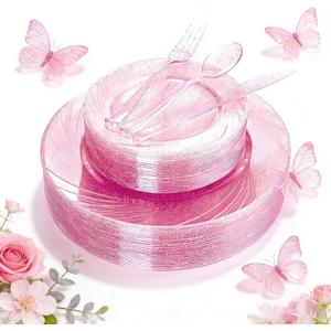 WDF Rose Gold Pink Plastic Plates with Pink Plastic Silverware include 40 Dinner & Salad Plates, 40Forks, 40 Knives, 40 Spoons for Party Baby Shower Wedding Spring Mother's Day