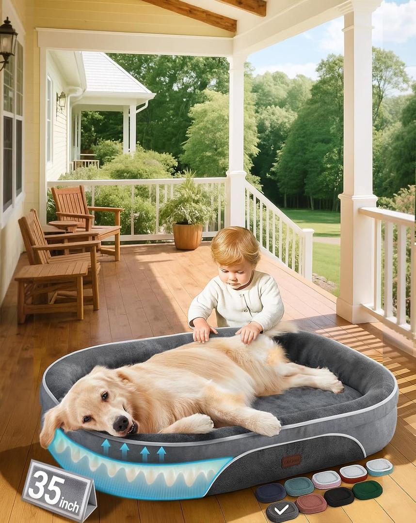 OhGeni Orthopedic Dog Couch Pet Sofa Large Sized Cat Beds with Comfort Foam Support, Soft Comfortable Fabric, Machine Washable Waterproof Removable Cover, 35-Inch Gray