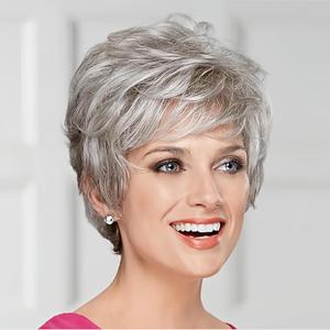 Short Curly Gray Synthetic Wigs for Women, Natural Layered Curly Wig, Lightweight, Heat Resistant, Perfect for Halloween Costume Use (Grey)