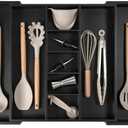 KitchenEdge Adjustable Kitchen Drawer Organizer for Utensils and Junk, Food-Safe Contract Grade with 100% Sustainable Wood, Expandable from 16 to 28 Inches Wide - Black Bamboo