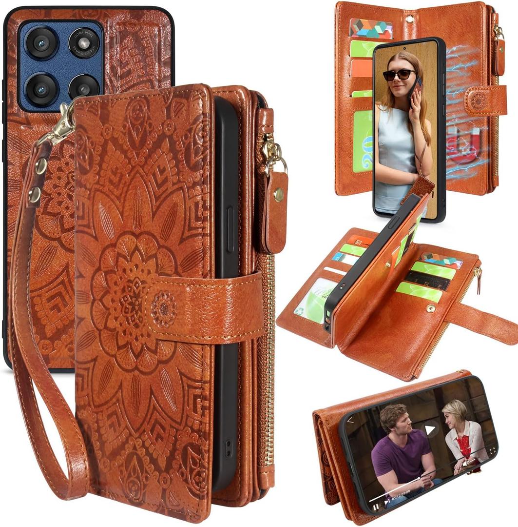 Harryshell Detachable Wallet Leather Case Compatible with Motorola Moto G Stylus 5G 2025 Magnetic Phone Case Zipper with Cash Coin Pocket Multi Card Slots Holder Wrist Strap (Flower Brown)