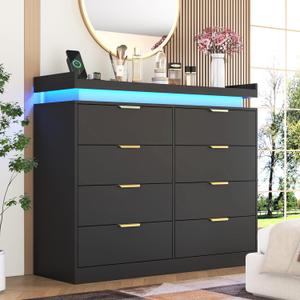 knoworld 8 Drawer Dressers for Bedroom, Black Dresser with LED Lights and Power Outlet, Wood LED Dresser, Double Wide Modern Chest of Drawers for Bedroom, Entryway, Hallway