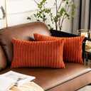 UGASA Fall Pack of 2 Velvet Pillow Covers Striped, Soft Textured Throw Cushion Case Set Corduroy Lumbar Pillowcases with Hidden Zipper for Home Decor Indoor Outdoor (12"x20", Burnt Brick)