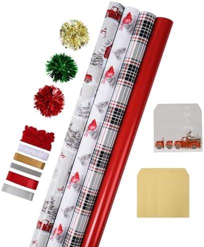 LaRibbons Christmas Wrapping Paper Sets, Classic Truck & Plaid & Cardinal Design with Ribbons & Gift Tags & Metallic Pom Pom for Christmas, Holiday, 30Inch × 10Feet（4 Rolls: 100 Sq.Ft.Ttl）