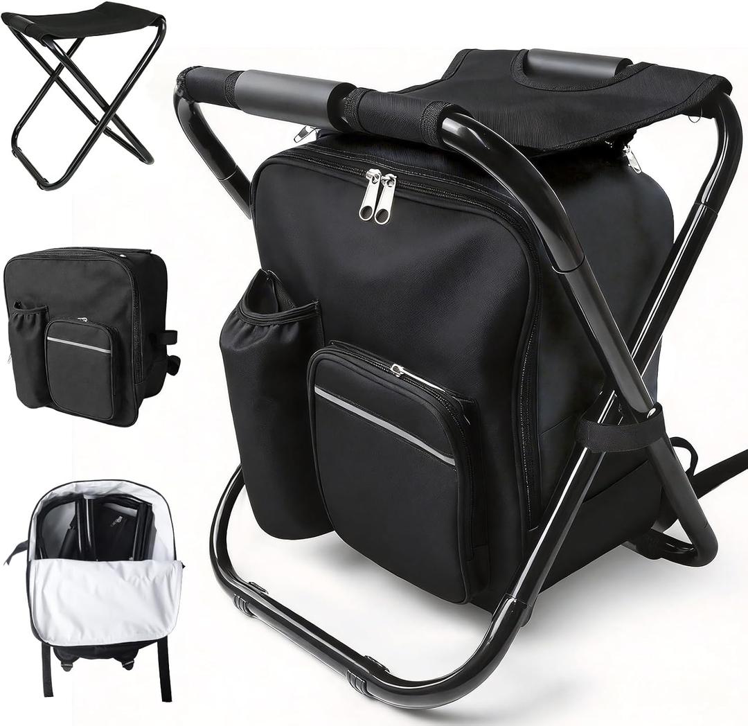 Folding Camping Chair Stool Backpack with Cooler Insulated Picnic Bag, Portable Hunting Fishing Multifunction Chair for Outdoors Hiking Hunting Travel (Black), 16.77 Inch X 13.85 Inch X 10.53 Inch