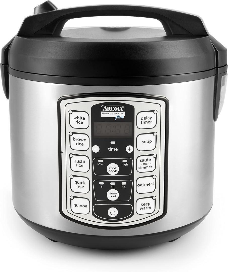 Aroma Housewares Professional Plus ARC-5000SB 20 Cup (Cooked) Digital Rice Cooker, Food Steamer, Slow Cooker, Stainless Exterior/Nonstick Pot, Silver, Black, 10-cup uncooked/20-cup cooked/4QT