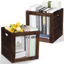 2 Pack Stackable Wood Storage Bins with Metal Wire and Handles 13 x 13 x 13 Inch, 36l Cube Vinyl Record Holder Wooden Storage Crate Basket for Shelve Fruit Vegetable Pantry Toy(Walnut)
