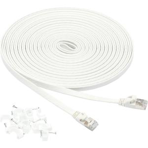 Amazon Basics RJ45 Cat 7 Ethernet Patch Cable, Flat, 600MHz, Snagless, Includes 15 Nails, 30 Foot, White