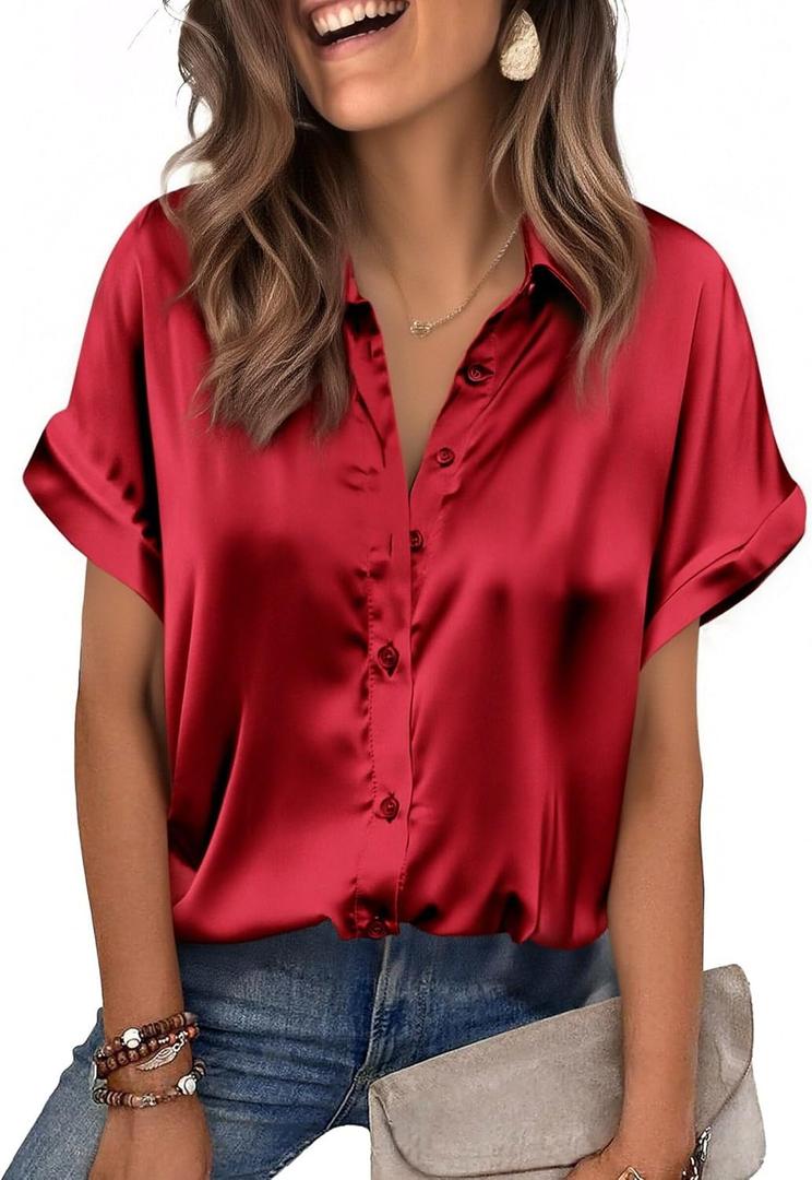 Zeagoo Womens Satin Blouse Short Sleeve Silk Tops Button Down Shirts Business Casual Outfits (Red, XXL)