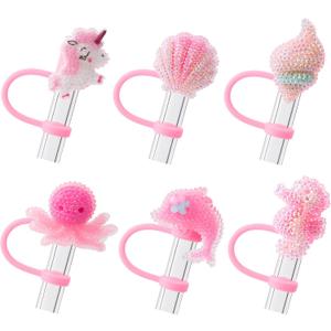 2 x 6Pcs Marine Animal Glitter Cap Straw Cover Cap for Stanley Cup 40oz/30oz Accessories, 10mm Reusable Cute Drinking Straw Topper Accessories, Portable Protector Plugs Decorations Gifts for Party Favors
