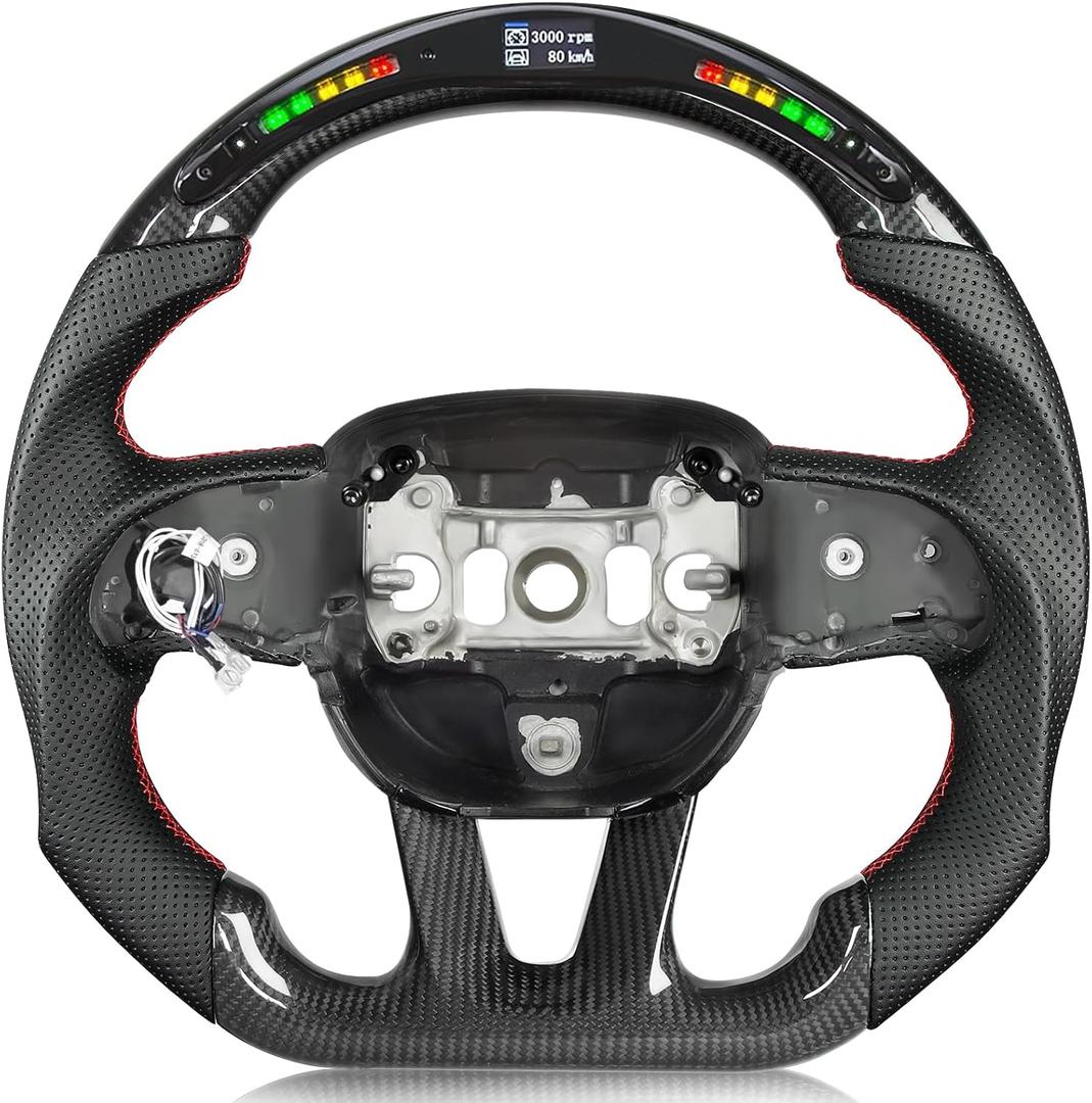 Steering Wheel,Carbon Fiber Steering Wheel D-shaped Flat-bottom with LED Shift Indicator for Dodge Charger/Challenger/Durango/Jeep Grand Cherokee/SXT/GT/RT/SRT/For Heallcat 2015-2024
