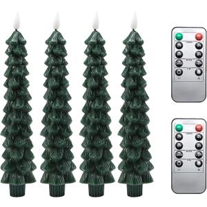 Fo32won Christmas Tree Shaped Flameless Candlesticks Battery Operated with Remote and Timer, Set of 4 Real Wax LED Taper Candles with 3D Flickering Wick for Christmas Decoration Gift