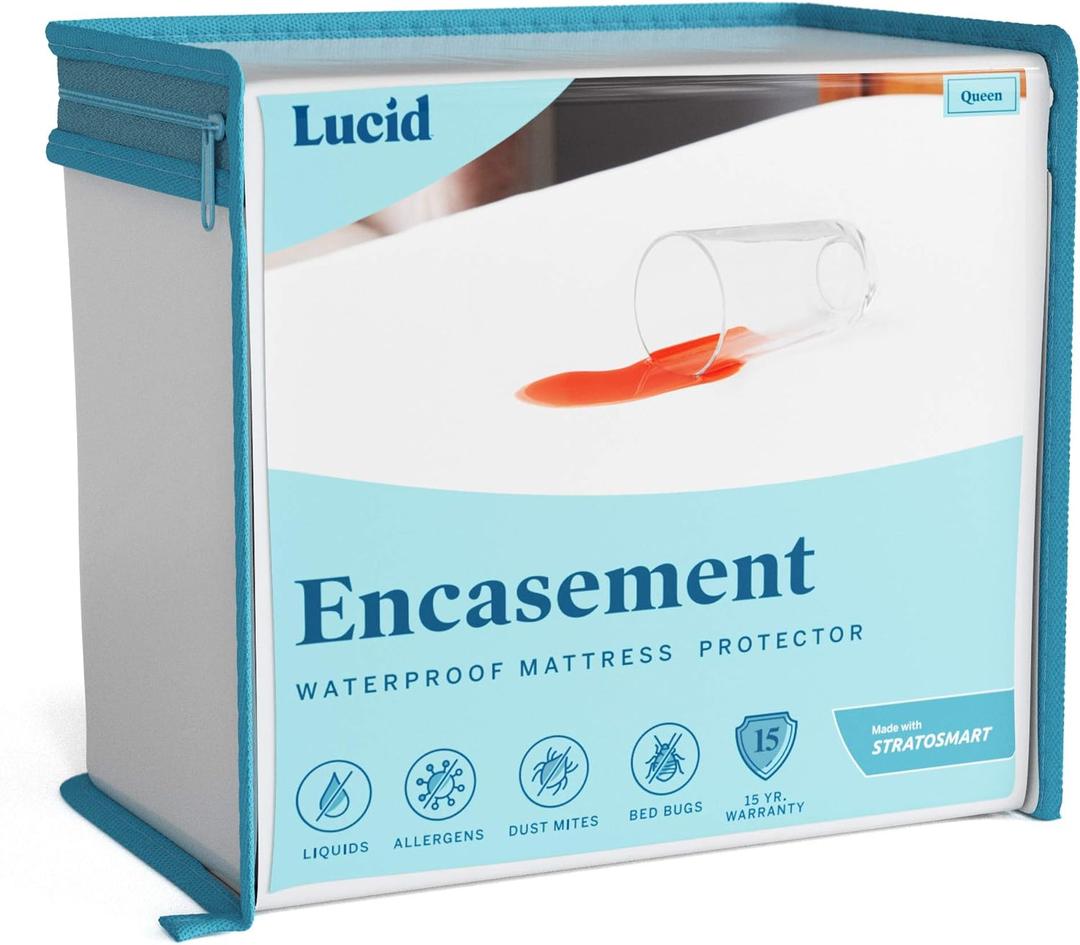 LUCID Encasement Mattress Protector - Completely Surrounds Mattress for Waterproof Protection, White, Queen