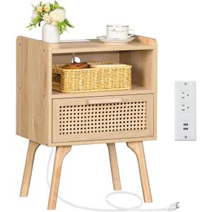Lerliuo Rattan Nightstand with Charging Station, Boho Side Table with Drawer Open Shelf, Cane Accent Bedside End Table with Solid Wood Legs for Bedroom, Dorm and Small Spaces (1 pack, Natural)