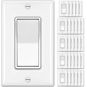 BESTTEN 30 Pack Single Pole Decorator Light Switch, Rocker Paddle Wall Switch, On/Off Interrupter, w/Wall Plate, 15A 120/277V, UL Listed, White
