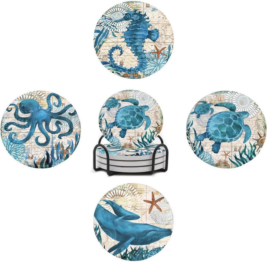 Coastal Coasters Set of 4 for Drinks, Round Absorbent Ceramic Coaster, with Metal Holder and Cork Base, Beach Sea Ocean Life Theme Coasters for Coffee Table Kitchen Party Housewarming Gifts