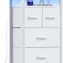 Furnulem 4 Drawer Dresser with Led Light and Charging Station, White Night Stand with Storage Shelf and Fabric & PVC Drawer, 33 Inch Bedside Table, Tall Nightstand for Entryway, Bedroom Furniture