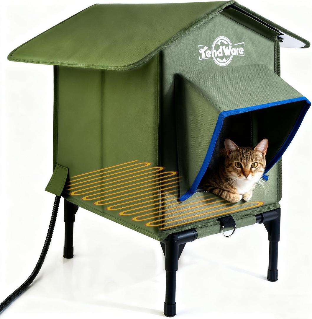 Heated Cat House for Outside Outdoor Cat House with Elevated Base Cat-Attracting Eave Design Feral Stray Shelter Weatherproof in Winter Garage Yard Porch, Size Small