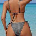 ZAFUL Women's Sexy Triangle Thong Bikini Set 2025 Plaids Print Two Piece Swimsuit Brazillian Cute String Bathing Suit (Black, M)