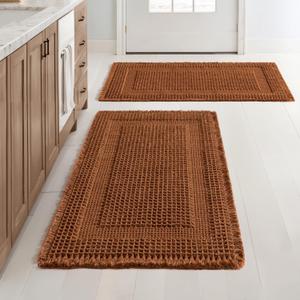 MIULEE Set of 2 Waffle Bathroom Rugs, Terracotta Boho Bath Rug Super Absorbent, Non Slip Washable Ultra Soft Rubber Backed Shower Bath Mats for Floor, Tub, Shower, Looped Design, Caramel, 18x30 Inch