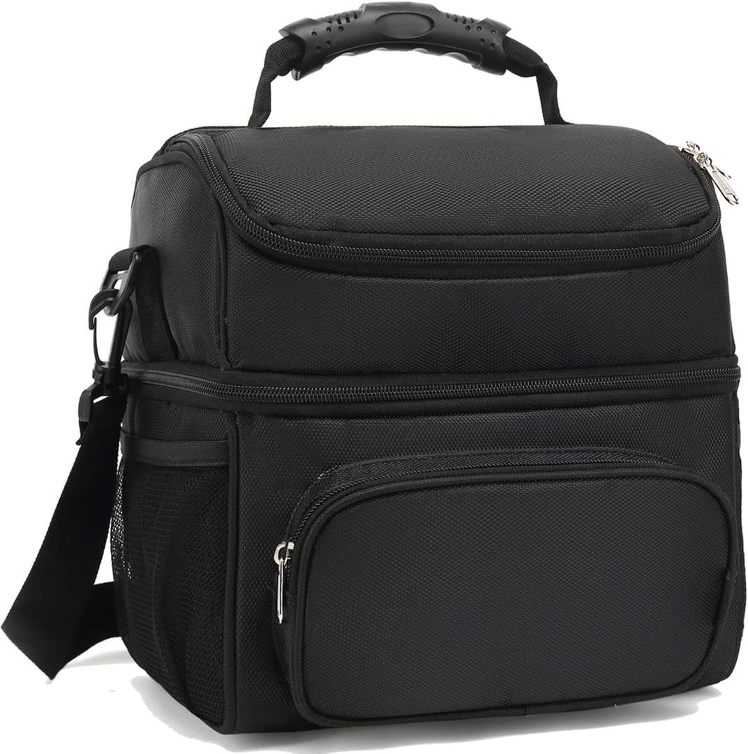 FlowFly Double Layer Cooler Insulated Lunch Bag Adult Lunch Box Large Tote Bag for Men, Women, With Adjustable Strap,Front Pocket and Dual Large Mesh Side Pockets (Black)