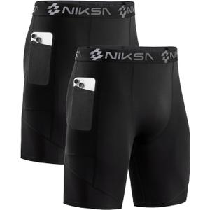 Niksa 1/2 Pack Mens Compression Shorts with Pocket, Performance Spandex Athletic Sports Workout Running Underwear Shorts (Small)