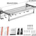 MUSTORN Towel Rack Wall Mount for Bathroom with Towel Bar and Hooks 23.6 in Foldable Towel Shelf Lavatory Towel Organizer Matte Silver