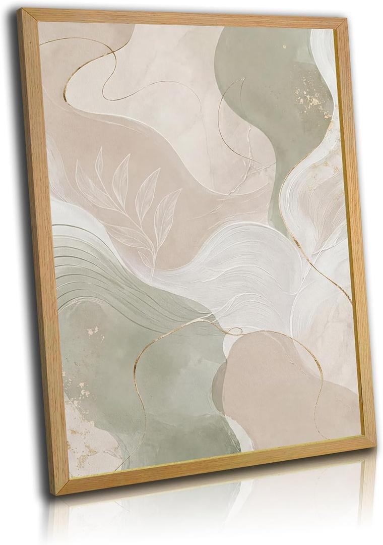 Abstract Wall Art Framed Canvas Wall Art Neutral Beige Canvas Print Modern Poster Picture Minimalist Wall Decor Artwork Sage Green Abstract Painting for Living Room Bedroom Office 24 x 16 Inch