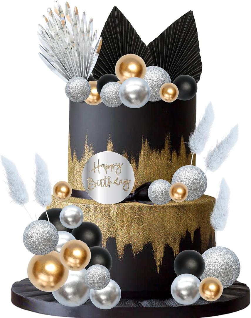 Gyufise Balls Cake Toppers Acrylic Happy Birthday Cake Topper Palm Leaves Cake Decorations for Birthday Wedding Baby Shower Party Supplies Black Silver
