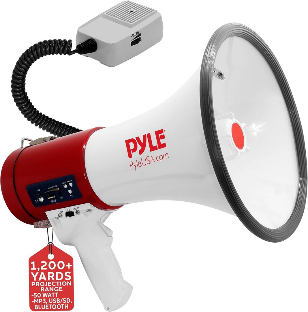Pyle Megaphone 50-Watt Siren Bullhorn - Bullhorn Speaker w/ Detachable Microphone, Portable Lightweight Strap & Rechargeable Battery - Professional Outdoor Voice for Police & Cheerleading - PMP57LIA