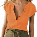 COMBEME Women's Deep V Neck Low Cut Tops 2025 Casual Ribbed Knit Henley T Shirts Summer Short Sleeve Tees, Orange 